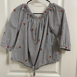 Off shoulder vertical stripe floral blouse. Tie front. Size large.